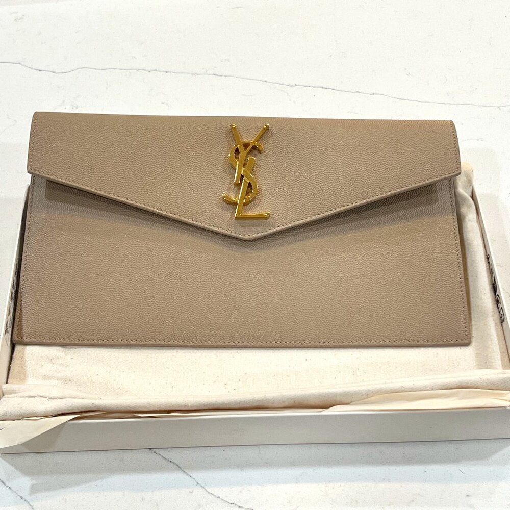 Yves Saint Laurent Taupe Leather Envelope Clutch with Gold YSL Logo